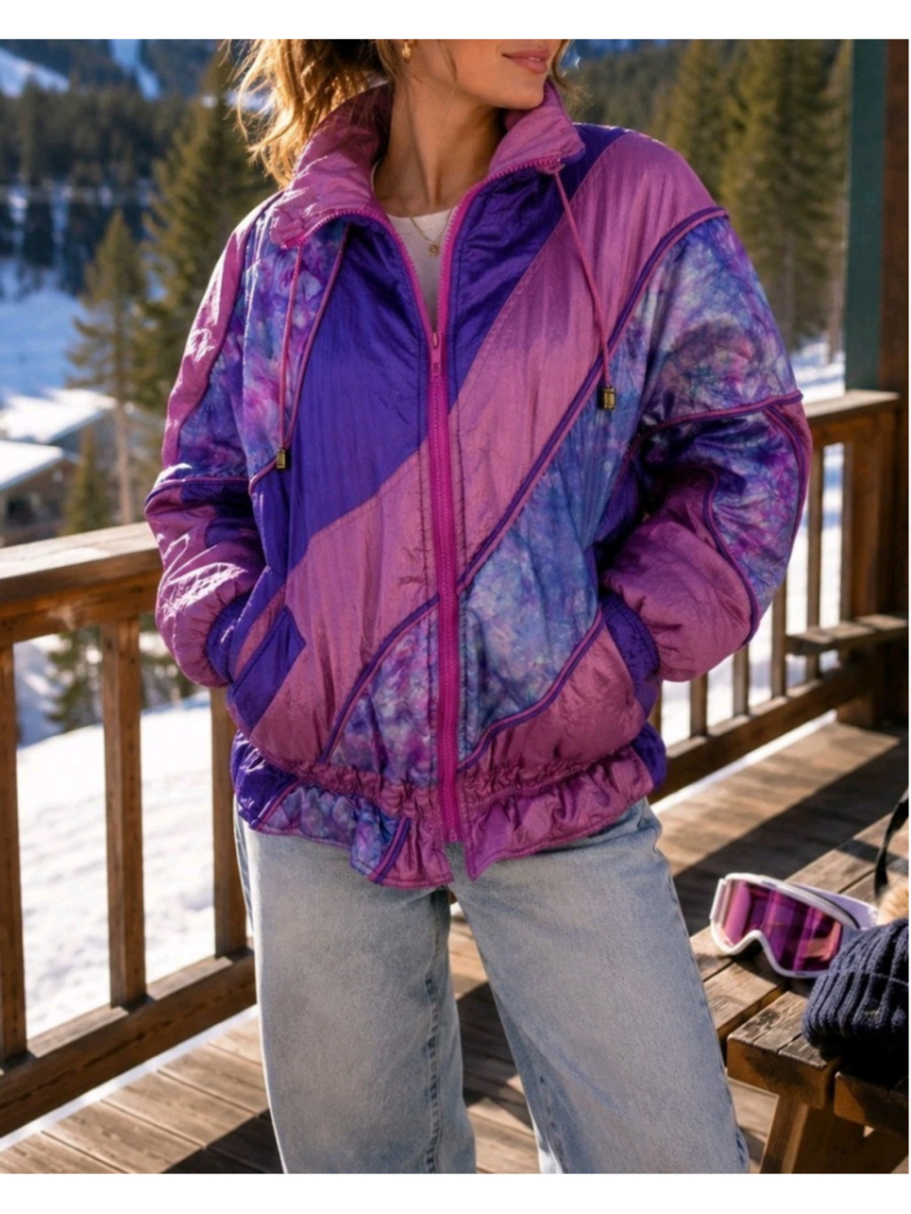 VTG 80s Braetan Ski Jacket Sz M Purple Pink Colorblock Nylon Windbreaker Retro